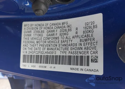 2020 Honda Civic Sport z USA, uszkodzony, nr VIN 2HGFC2F82LH543913